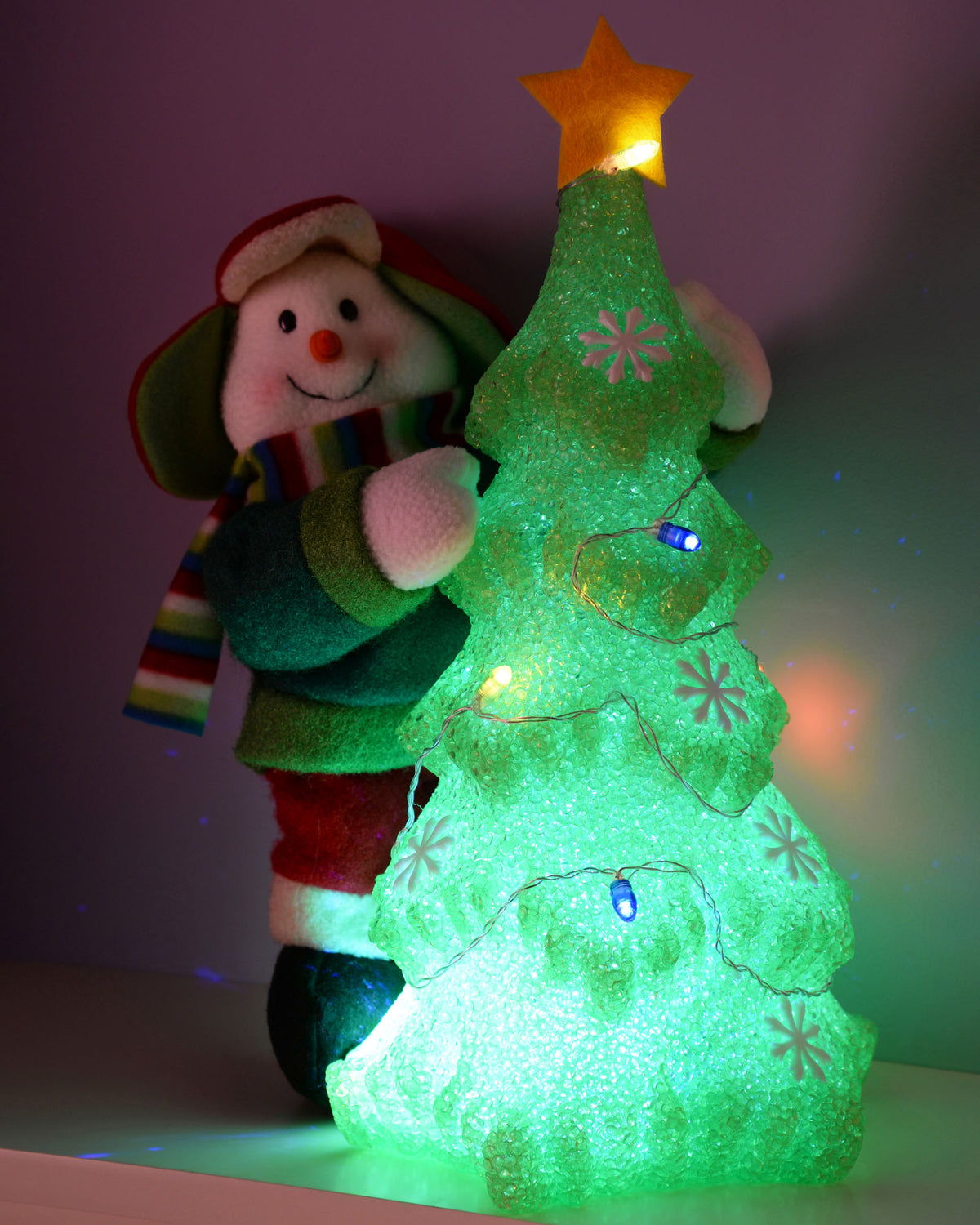 Pre-Lit Acrylic Christmas Tree with Snowman, 35 cm