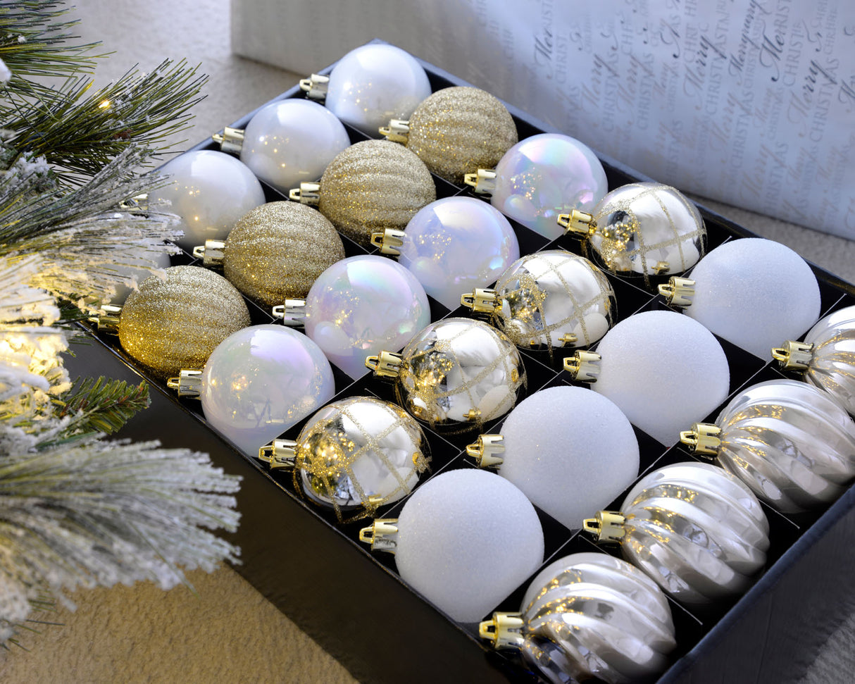 White/Gold Shatterproof Baubles, 48 Pack