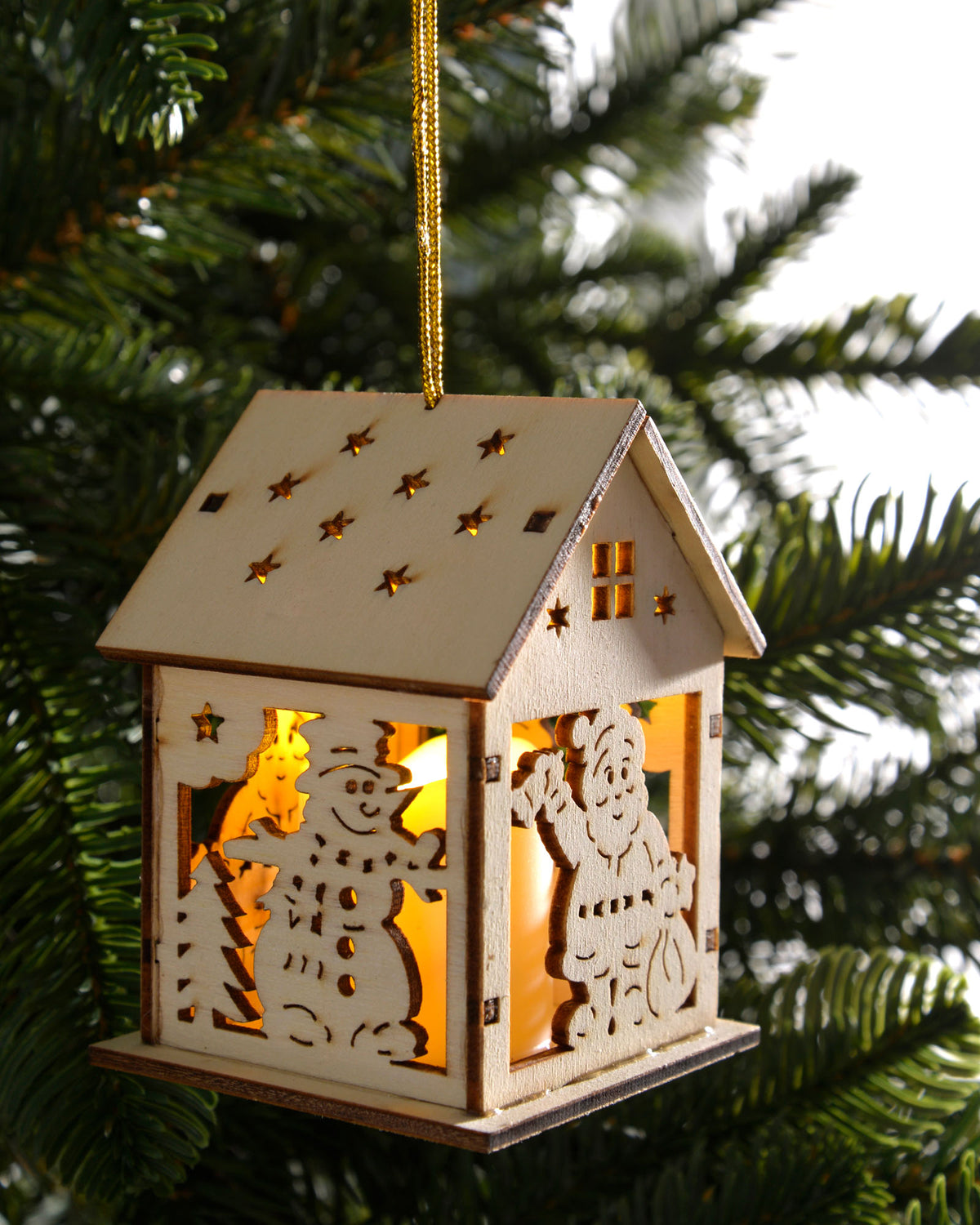 Pre-Lit Set of 3 Wooden House Tree Decorations
