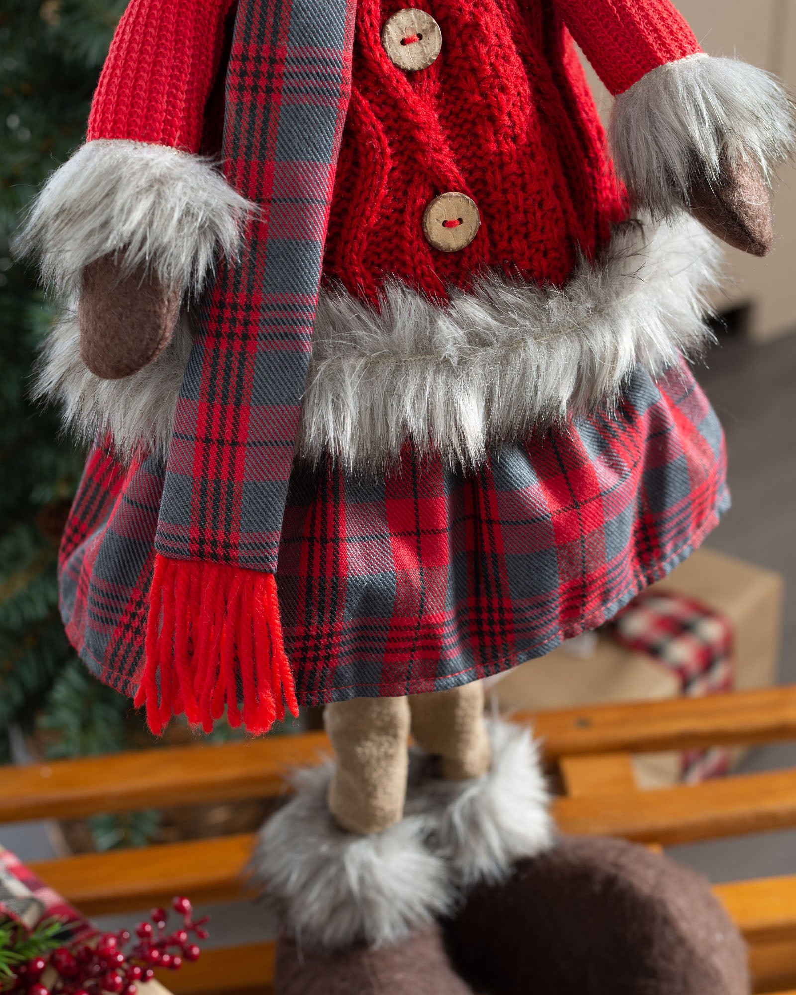 Standing Reindeer Figurine, Red and Tartan, 60 cm