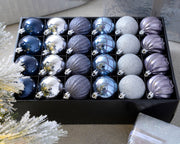 Set of 48 navy and silver 6cm shatterproof baubles arranged in a black storage box