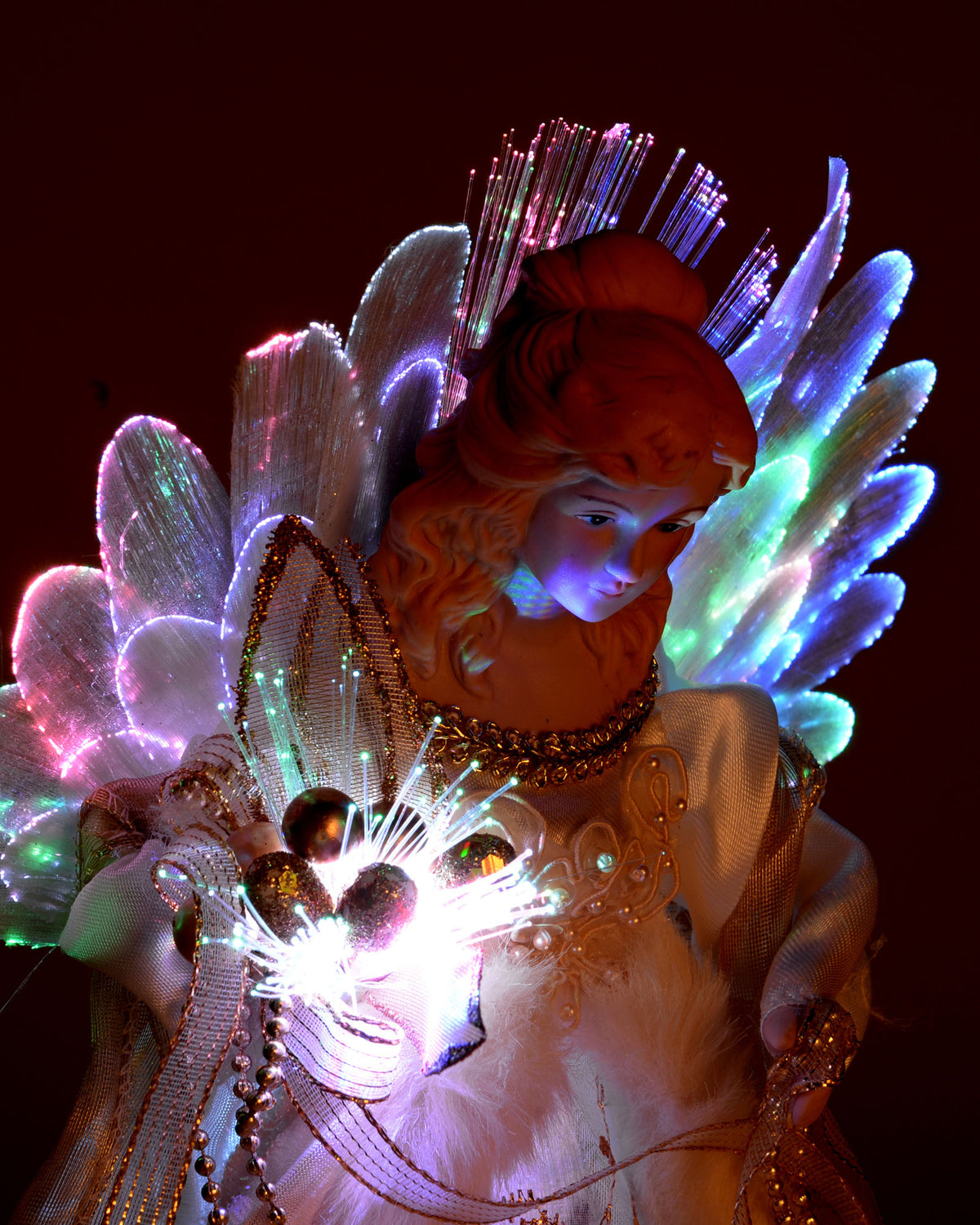 Fibre Optic Angel Christmas Tree Topper, Cream/Gold, 25 cm