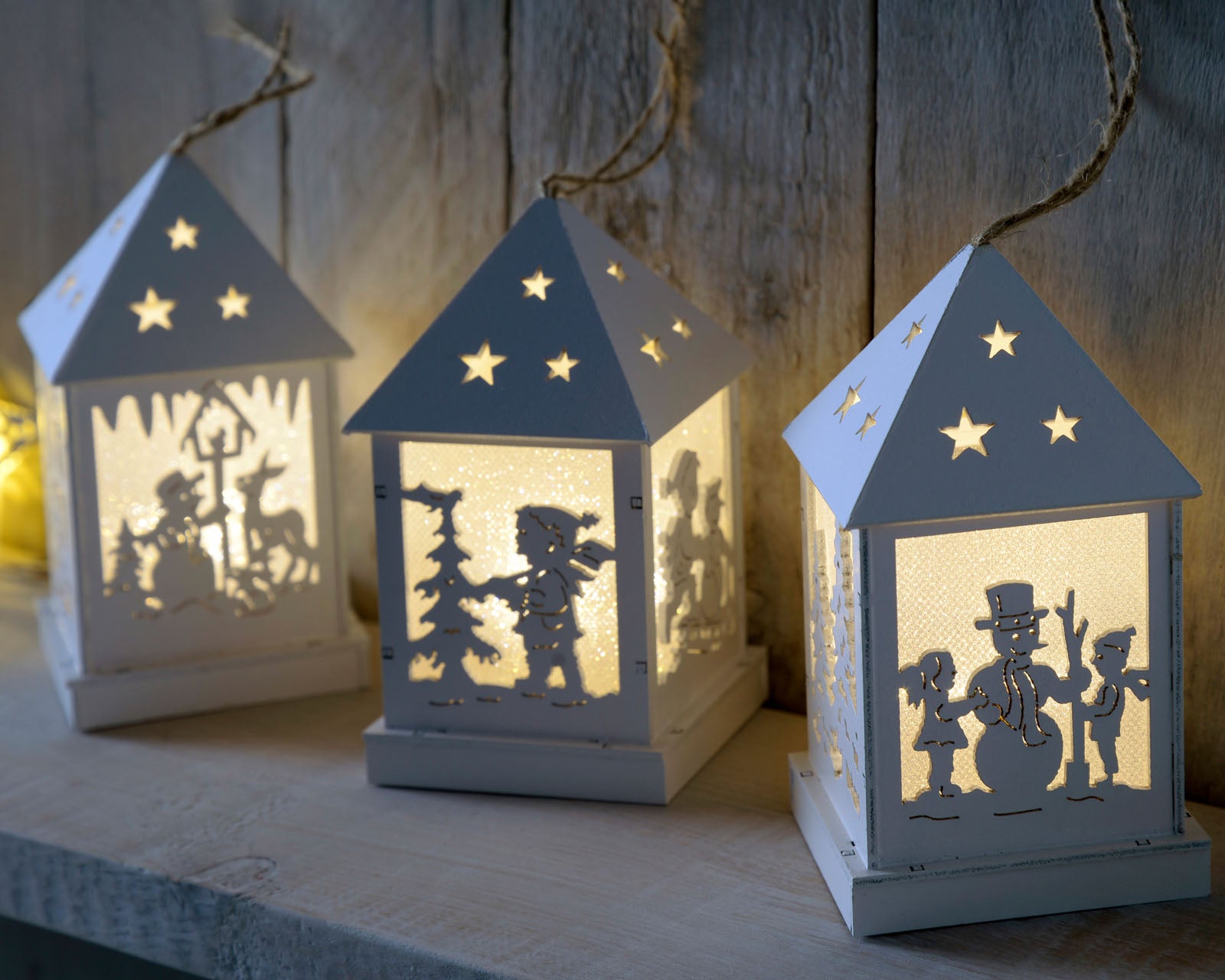 Three Pre-Lit Wooden Hanging Lantern Baubles