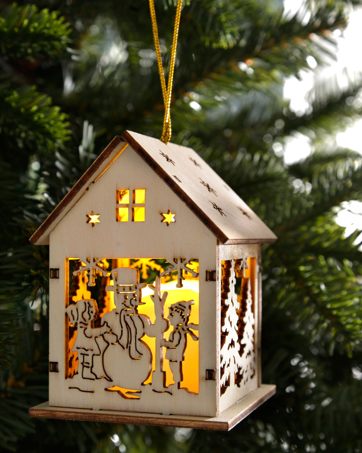 Pre-Lit Set of 3 Wooden House Tree Decorations