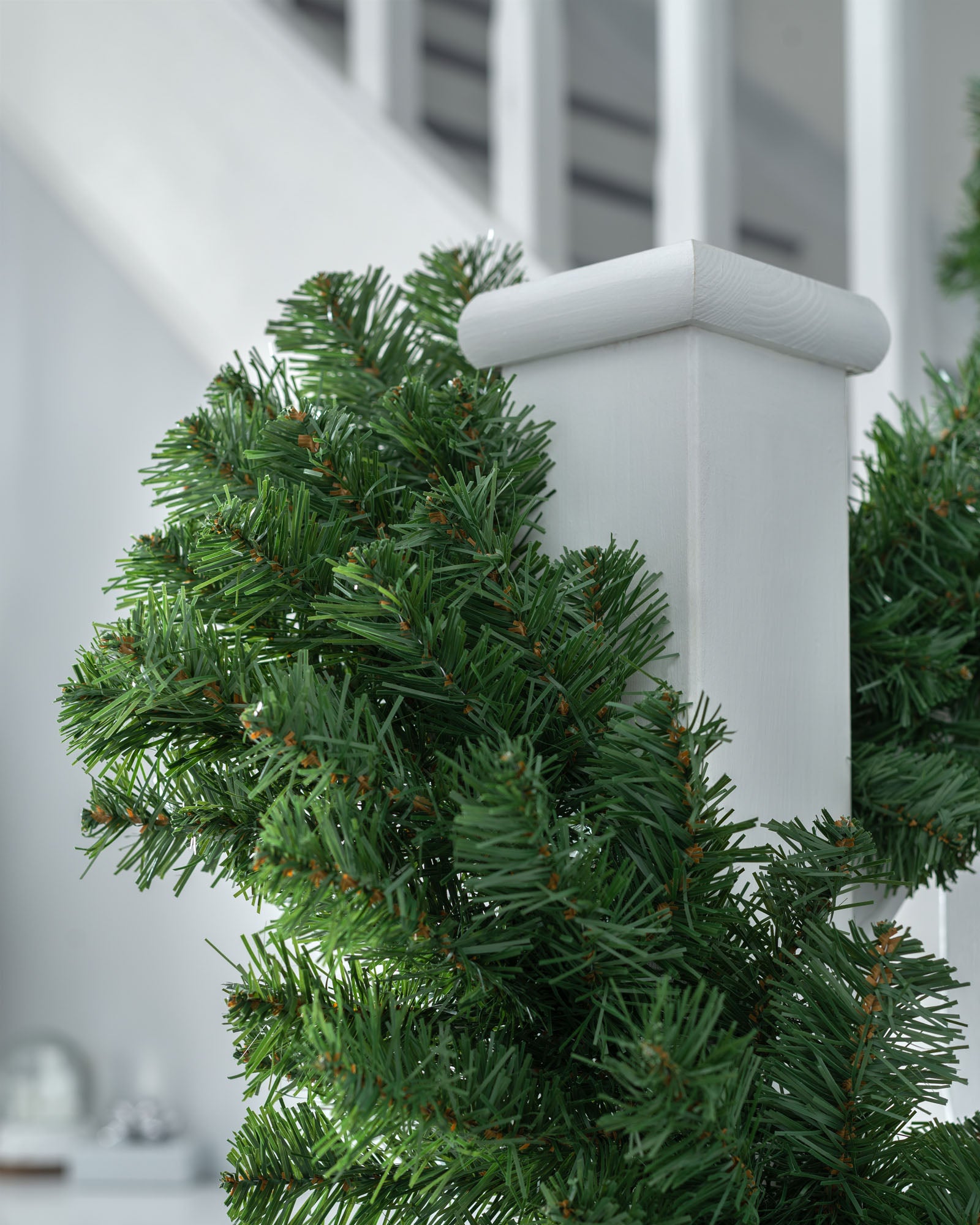 Detail close-up of dense green pine foliage on a plain Christmas garland