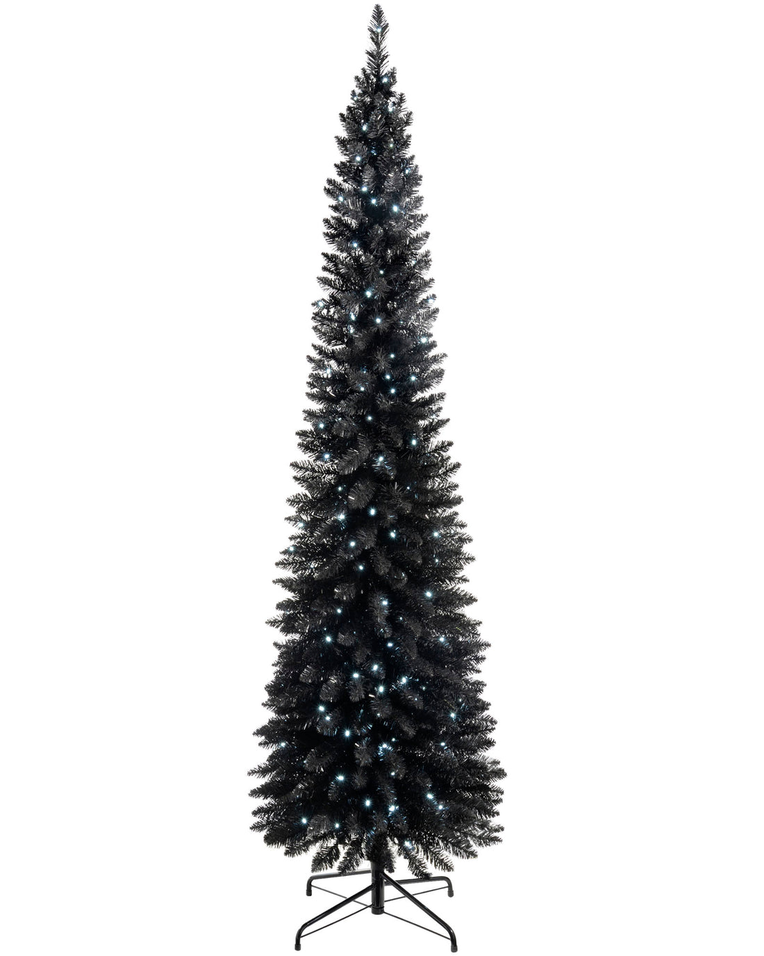 Slim pre-lit black pencil Christmas tree with 400 PE/PVC tips and 180 white LED lights, placed in a room corner—modern and elegant with a radiant glow, ideal for compact or stylish festive spaces.