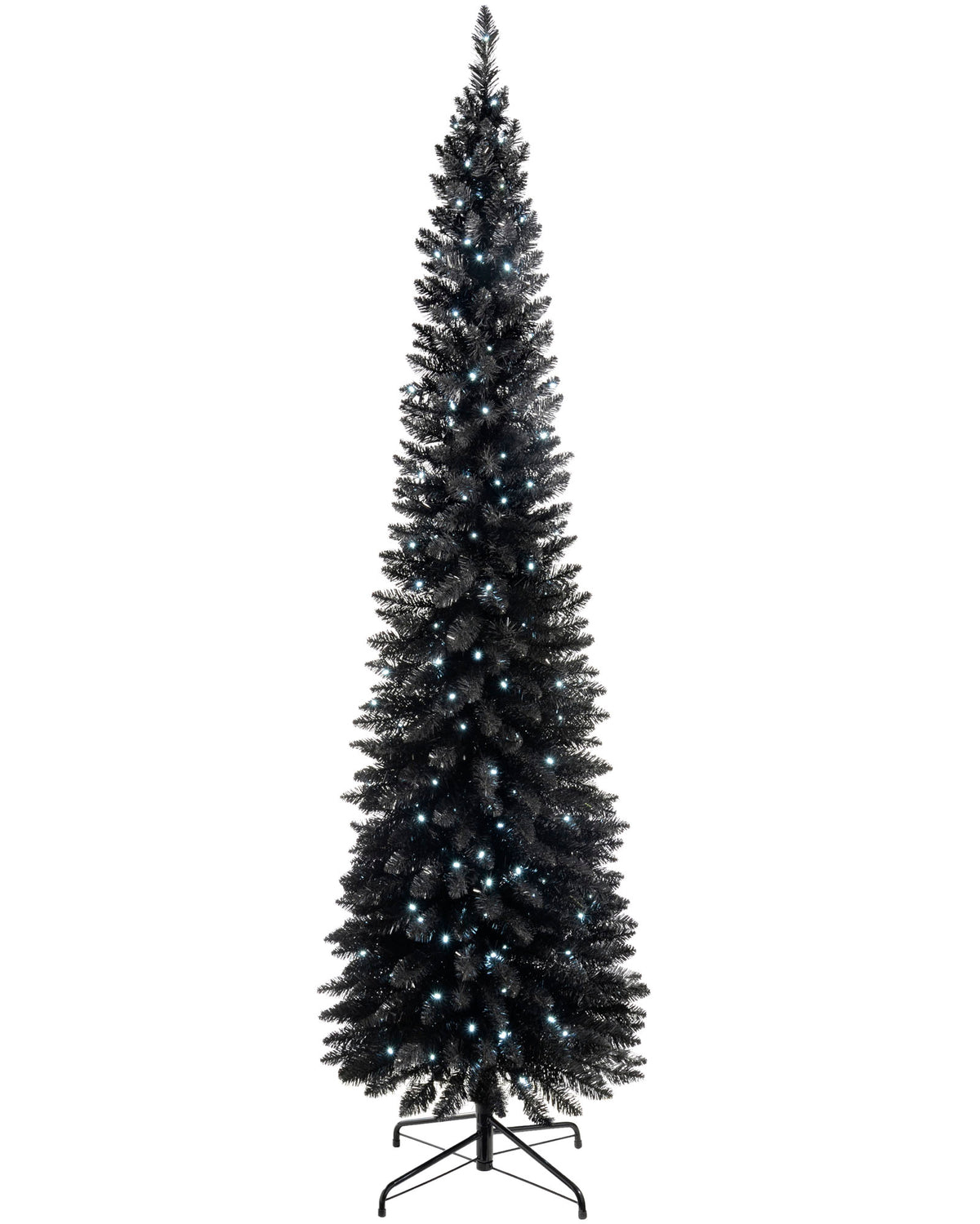 Slim pre-lit black pencil Christmas tree with 400 PE/PVC tips and 180 white LED lights, placed in a room corner—modern and elegant with a radiant glow, ideal for compact or stylish festive spaces.