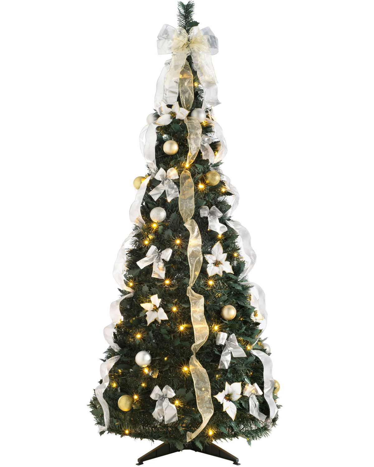 Pre-lit 6 ft decorated Holly Pop-Up Christmas tree with 150 warm white LEDs, champagne and silver baubles, poinsettias, and ribbons—easy setup, elegant festive centerpiece in a living room.