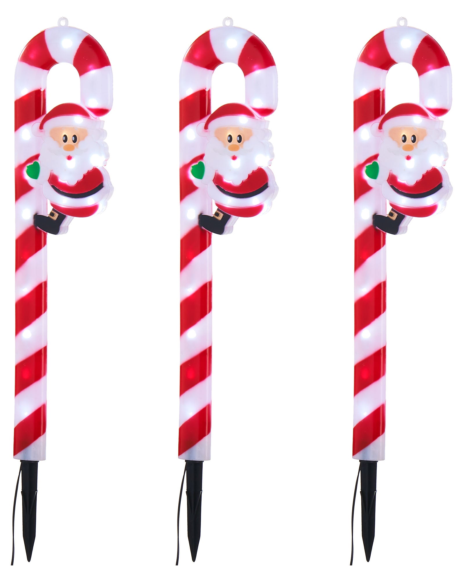 Three red and white light up Santa Claus Candy cane garden spikes on a white background